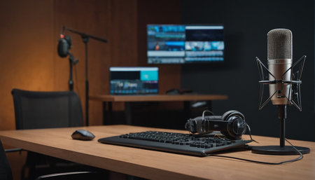 Microphone and keyboard on a desk in a recording studio or recording studioの素材