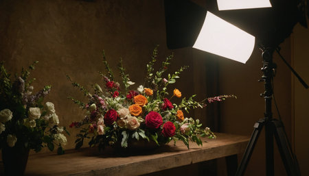 Beautiful bouquet of flowers in a vase on a tripodの素材