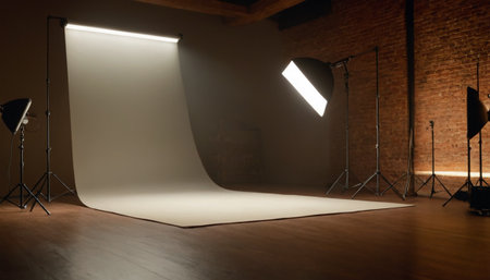 Empty photo studio with spotlights and lighting equipment. 3d renderingの素材