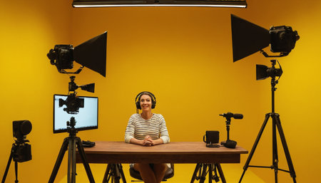 Young woman in headphones sitting at the table in front of the camera and looking at the cameraの素材