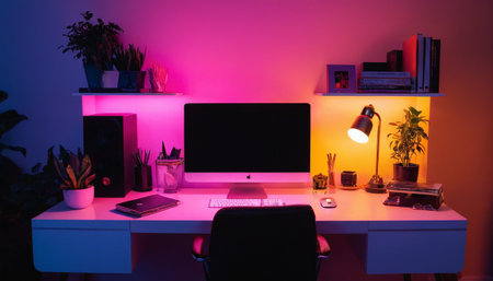 Working place with computer at night in office. Workplace concept.の素材