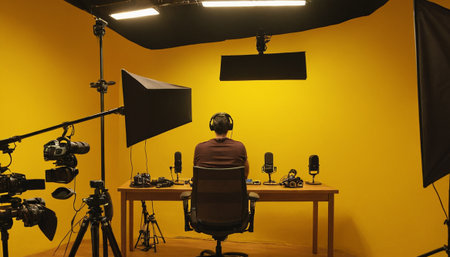 Photographer working in a studio with lighting equipment. Yellow background.の素材