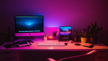 Working space with computer and keyboard on the table in the night.の素材