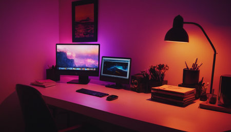 Working space with computer, lamp and books on table in dark roomの素材