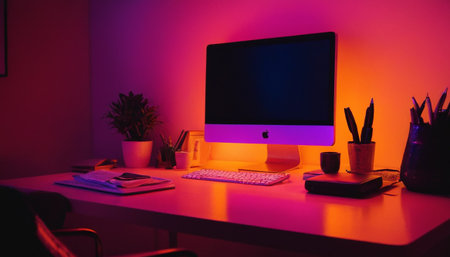 Workplace with computer and stationery on table in office at nightの素材