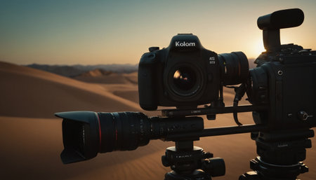 Digital camera on tripod in the middle of the desert at sunset.の素材