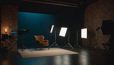 Interior of modern photo studio with professional equipment and lighting equipment.の素材
