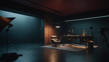 3D rendering of a studio interior with lighting equipment and lighting equipmentの素材