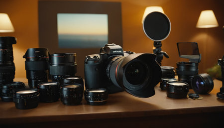 Professional camera and lenses on table in photo studio, close-upの素材