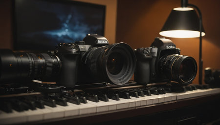 london, england, 05/05/2018 A set of professional digital SLR cameras on a piano.の素材