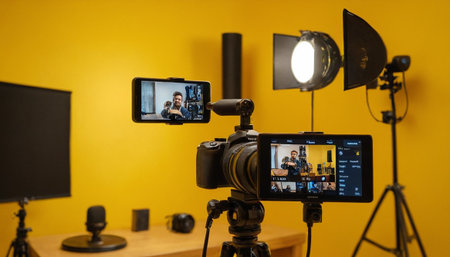 Professional video camera on tripod and lighting equipment on yellow wall background.の素材