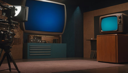 3D rendering of a retro TV set in a room with televisionの素材