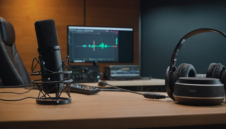 Professional microphone and headphones on a desk in a recording studio. Music conceptの素材
