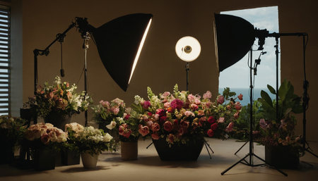 Interior of a modern photo studio with professional lighting equipment and flowersの素材