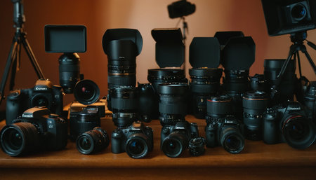 Set of professional photo cameras and lenses on wooden table in photo studioの素材