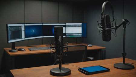 Microphone and smartphone on a desk in a recording studio or conference roomの素材
