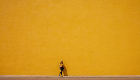 Young woman walking in front of a yellow wall with copyspaceの素材