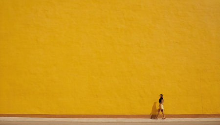 Woman walking in front of yellow wall with copy space. Rear view.の素材