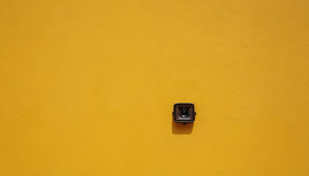 CCTV camera on yellow wall background, security camera on yellow wallの素材
