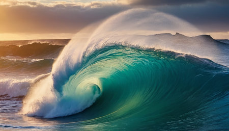 Surfing ocean wave at sunset. Surfing on the ocean waveの素材