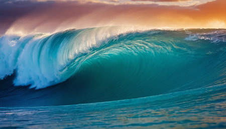 Blue ocean wave at sunset. Beautiful natural background. Copy space.の素材