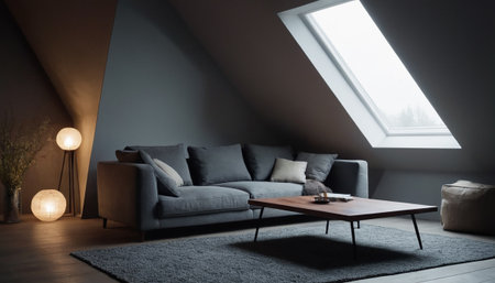 interior of attic living room with gray sofa and coffee table 3d renderの素材