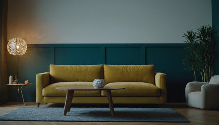 Interior of living room with yellow sofa and coffee table. 3d renderingの素材