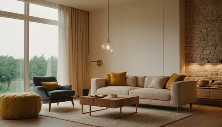 Living room interior with sofa, coffee table and lamp. 3d renderingの素材
