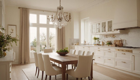 Modern and bright dining room interior design. Kitchen and dining room in scandinavian style.の素材