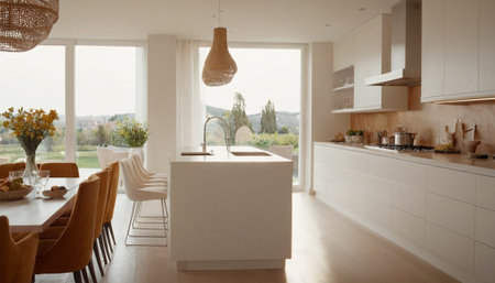 interior of modern kitchen in new house with white walls and wooden floorの素材