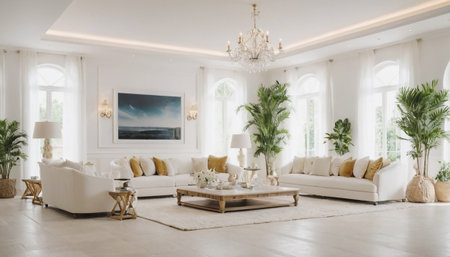 Luxury living room with white sofa, armchair and coffee tableの素材