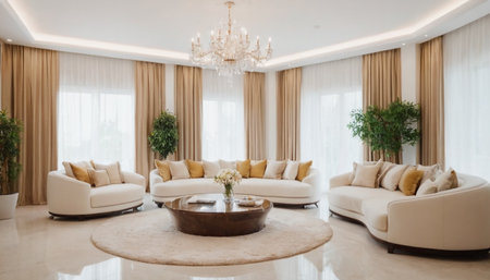 Luxury living room with white sofas and round coffee tableの素材