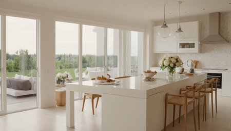 interior of modern bright kitchen with white walls and a lot of windowsの素材