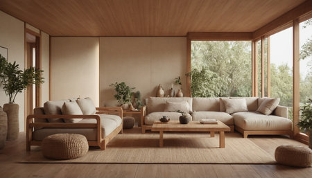 Interior of modern living room with wooden wall and sofa 3D renderingの素材