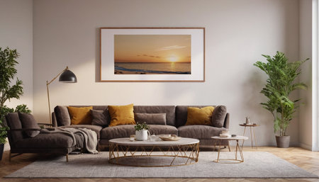 interior with brown sofa, coffee table and sea view 3d renderの素材