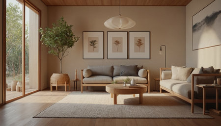 Modern living room interior design. 3d render illustration mock up.の素材