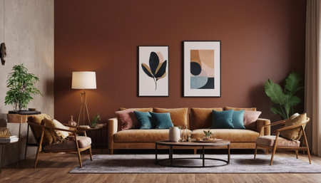 Interior of living room with brown walls, brown sofa, coffee table, brown armchair, plants and posters. 3d renderingの素材