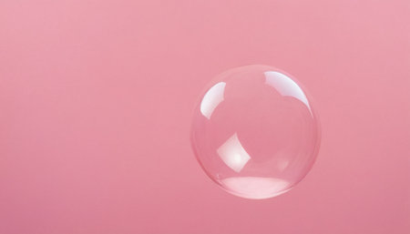 Transparent soap bubble on a pink background, close-up.の素材