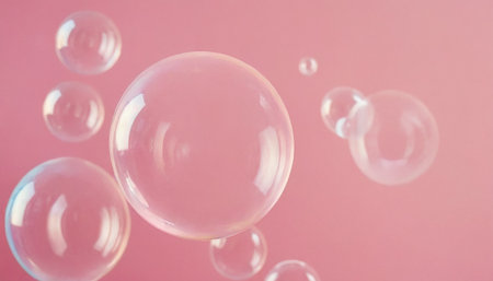 Soap bubbles floating in the air on a pink background. Macro photo.の素材