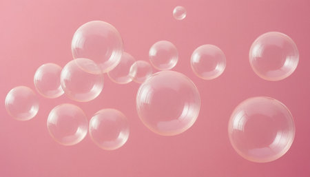Pink soap bubbles on a pink background. Abstract background. Copy space.の素材