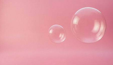 Transparent soap bubbles on a pink background. Minimal concept.の素材