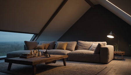 Interior of attic living room with sofa and coffee table. Night viewの素材