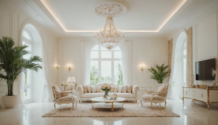 Luxury living room with white walls and parquet floor. Nobody insideの素材