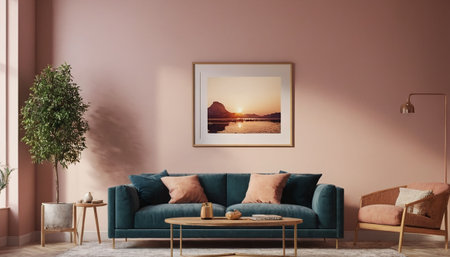 Interior of living room with a blue sofa, coffee table and a picture on the wall. 3d renderの素材