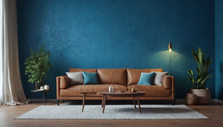 interior with brown sofa and blue wall, 3d render illustrationの素材