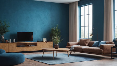 Modern living room interior design with blue walls, wooden floor, brown sofa and tv. 3d renderingの素材