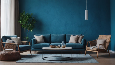 interior with blue wall, 3d render illustration mock-upの素材