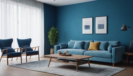 Blue living room interior with blue sofa and coffee table, 3d renderの素材
