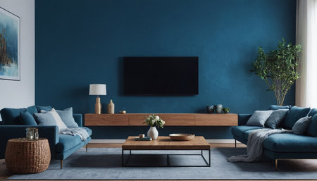 Interior of modern living room with blue walls, carpet and blue sofa 3d renderの素材