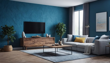 interior of modern living room with blue wall, 3d renderの素材